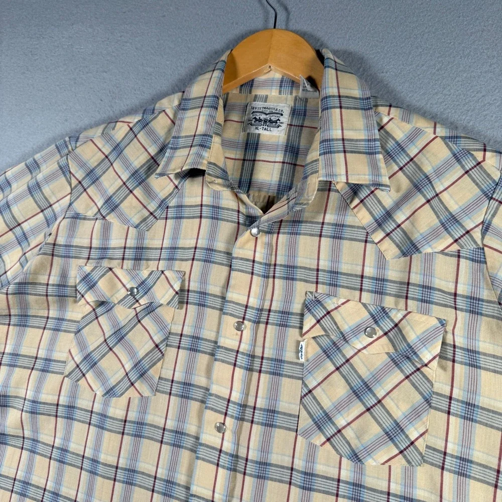 Levis Vintage Western Pearl Snap Shirt Mens XL Tall Plaid Tan Blue Red Korea